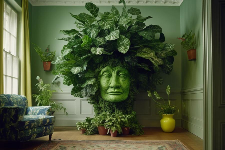 AI Generated Image for: A Chatty Green Companion: The Hilarious Hijinks of a Talking Houseplant