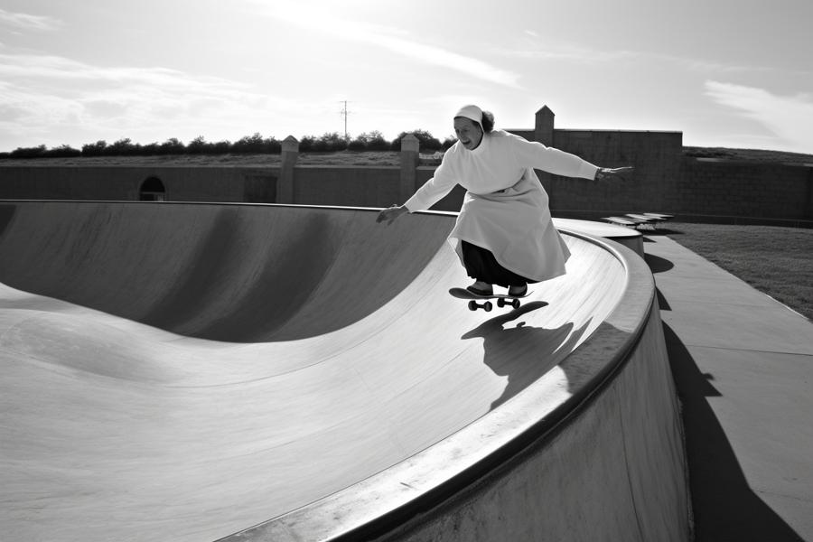 AI Generated Image for: From Habit to Half-Pipe: Meet Sister Mary Margaret MacGoon, the Skateboarding Nun!