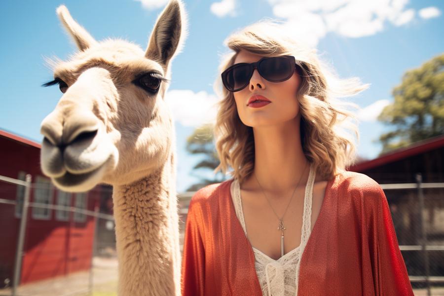 AI Generated Image for: Taylor Swift's Awkward Encounter with a Llama: A Tale of Unlikely Friendship