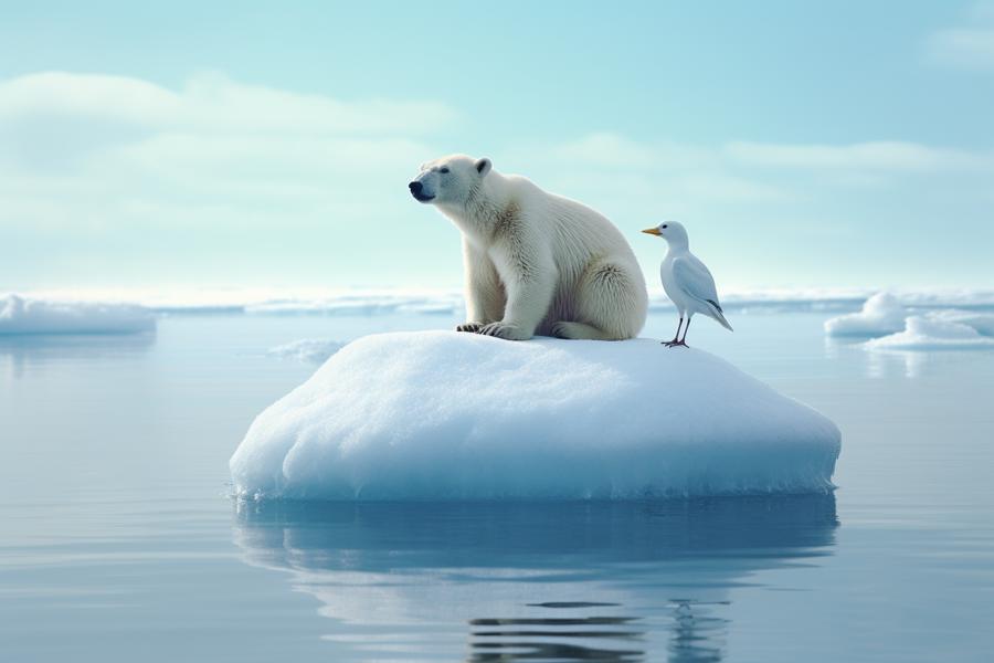 AI Generated Image for: Stranded in a Storm: The Polar Bear and the Sea Gull's Unlikely Friendship