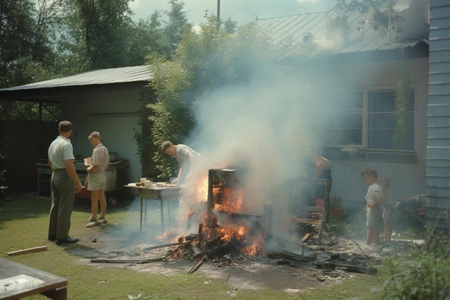 AI Generated Image for: When Barbecue Stunts Go Wrong: A 1950s-Inspired Catastrophe in the Backyard!