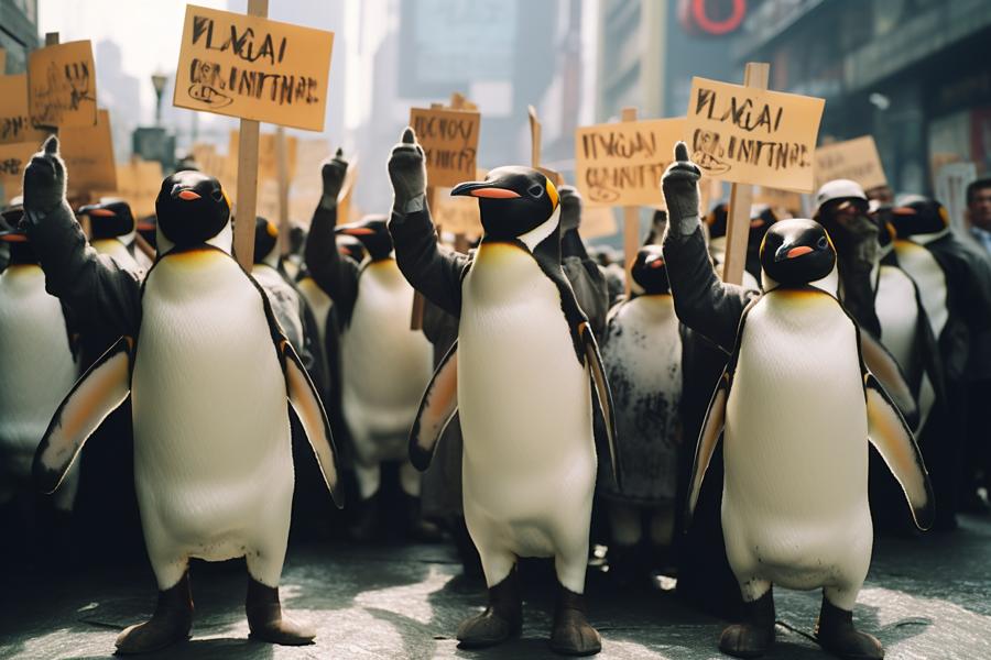 AI Generated Image for: Penguin Protest: Flap for Fashion, Waddle for Wardrobe Equality!