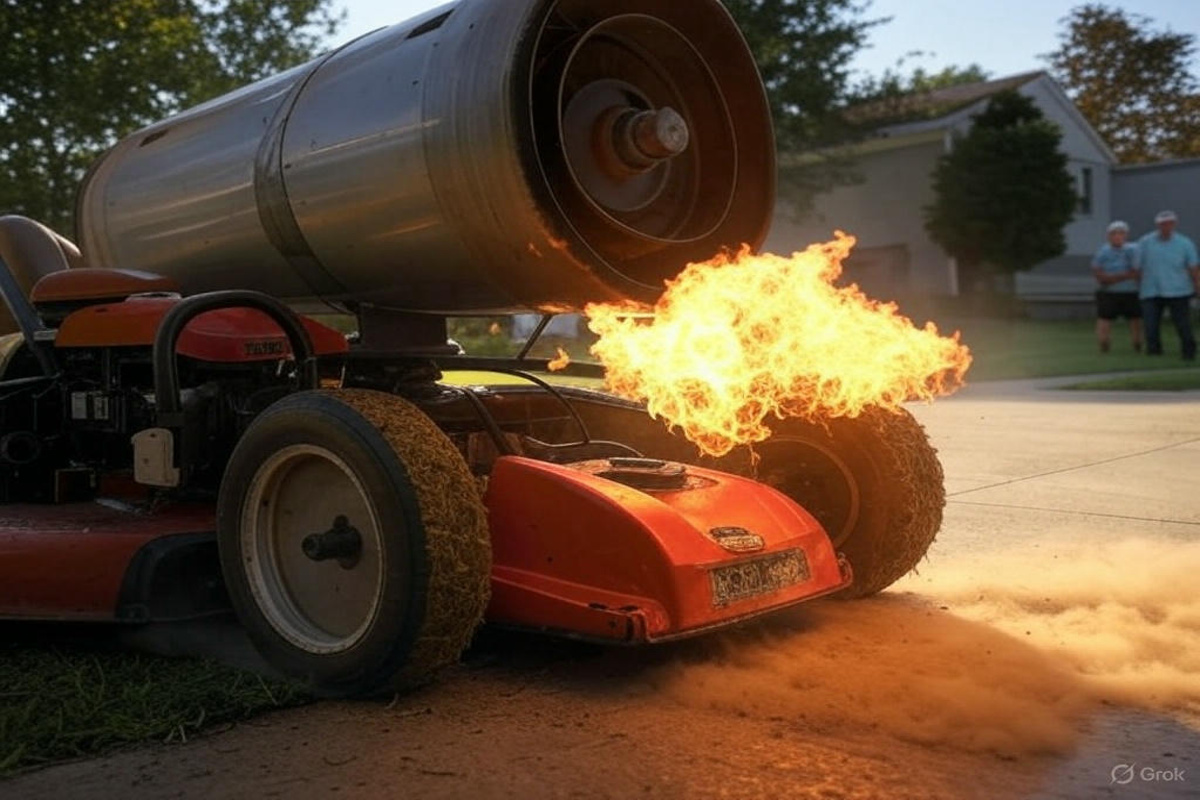AI Generated Image for: I Put a Jet Engine on My Lawn Mower — Now My Grass is Gone and I’m on a Watchlist
